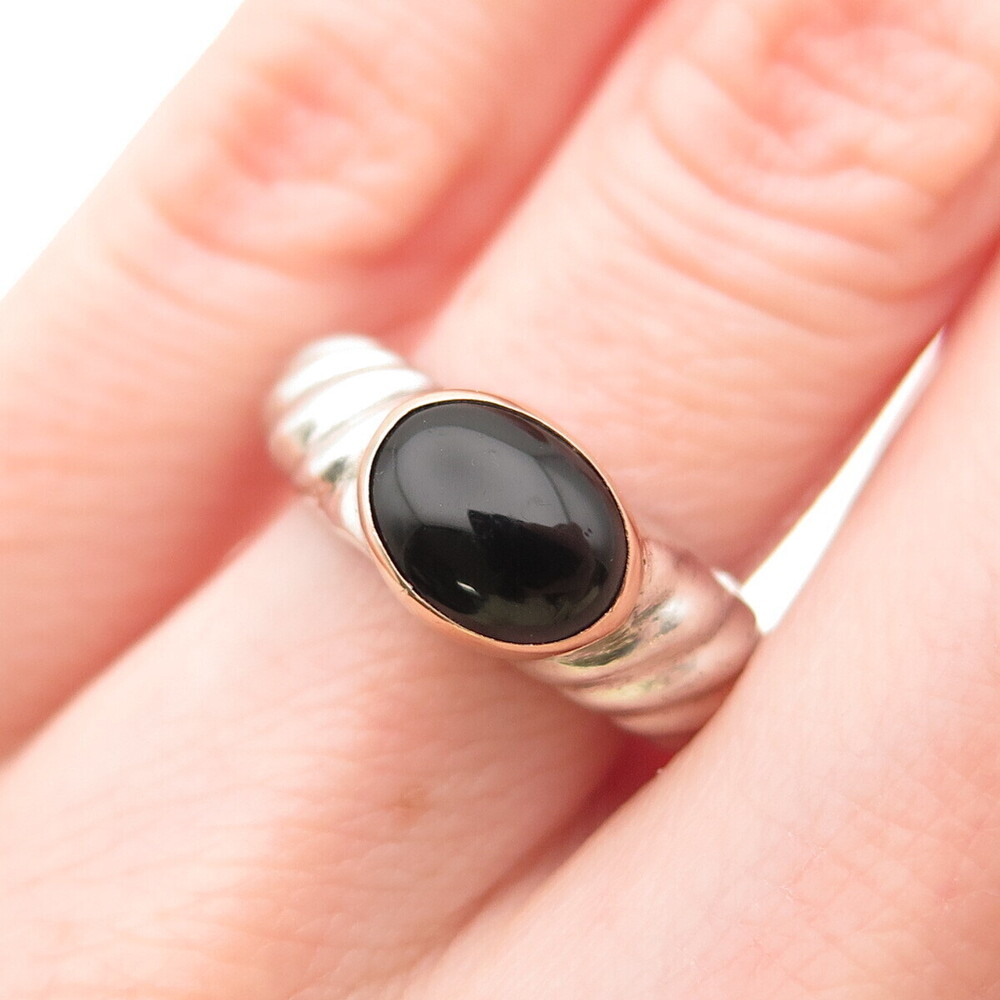 925 Sterling Silver 14K Gold Vintage Real Black Onyx Modernist Ring Size 6.25